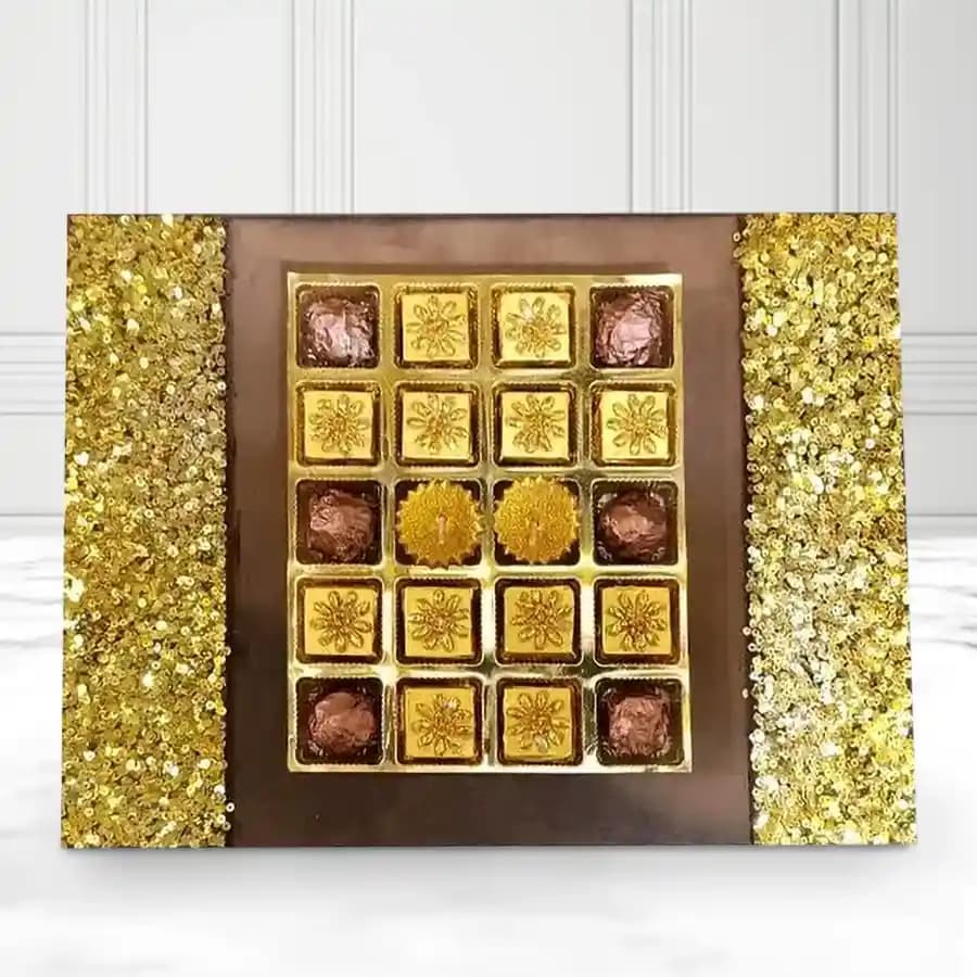 Diwali Gift of Golden Diya N Handmade Chocolate Wooden Tray