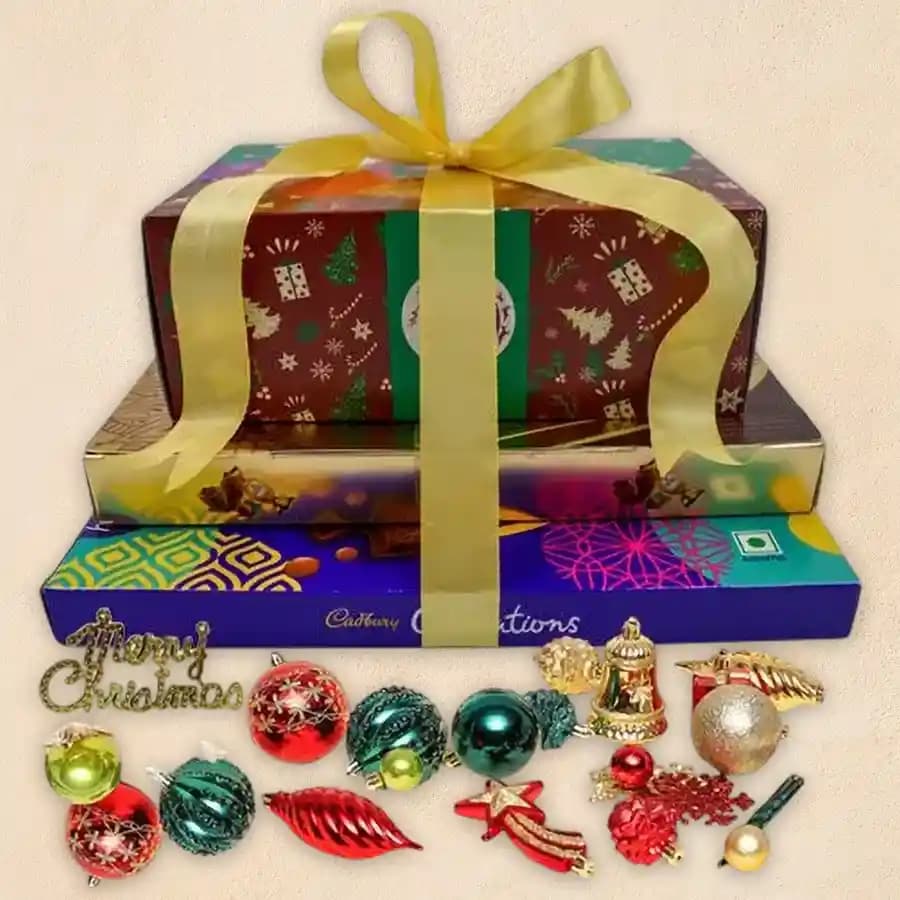 Delightful Chocolate Tower Gift with Cake N X-mas Decor