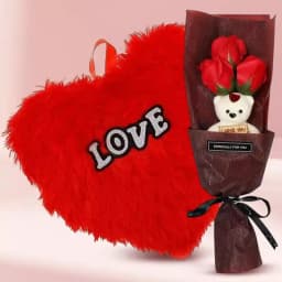 Lovely Combo of Artificial Red Roses N Teddy Bouquet with Cushion 1
