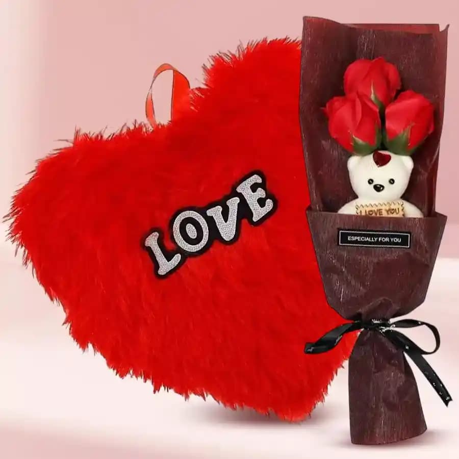 Lovely Combo of Artificial Red Roses N Teddy Bouquet with Cushion