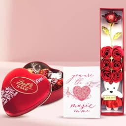 Classic Trio of Artificial Roses with Teddy Bouquet Greeting Cards N Lindt Chocolate 1
