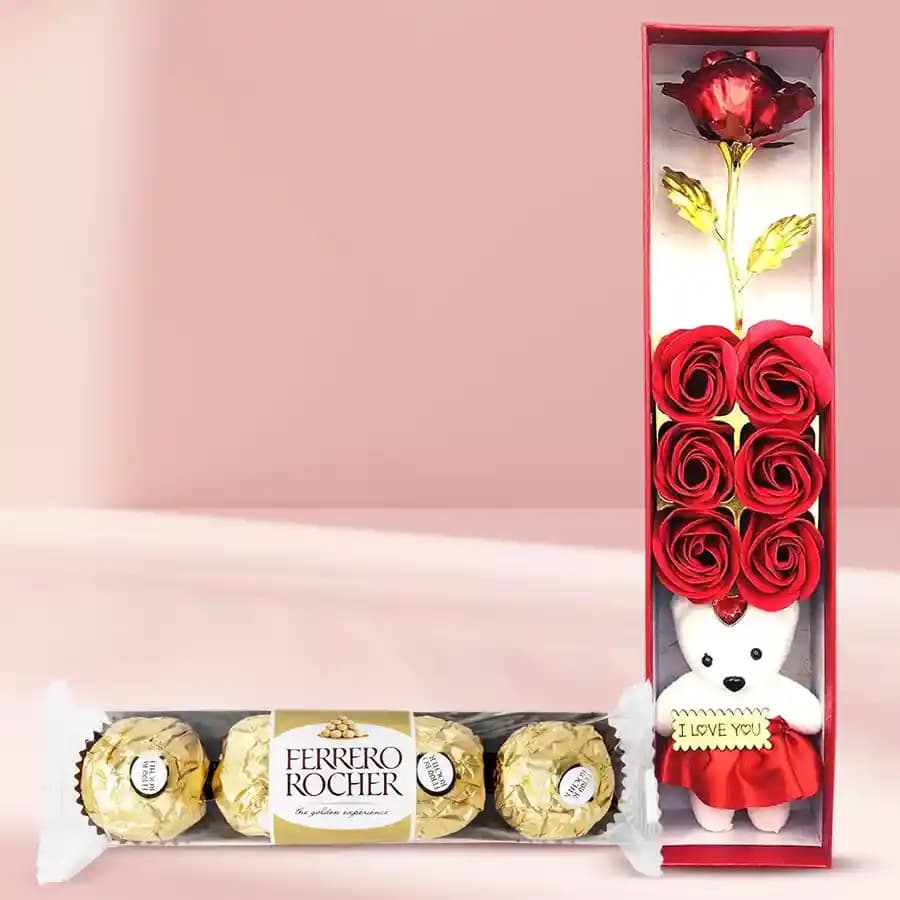 Attractive Rose Day Combo of Ferrero Rocher n Artificial Roses with Teddy