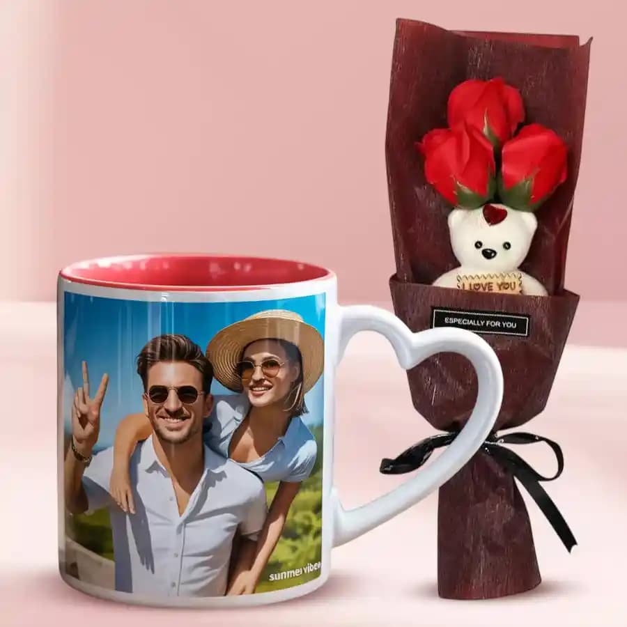 Fabulous Artificial Roses with Teddy Bouquet N Personalized Coffee Mug