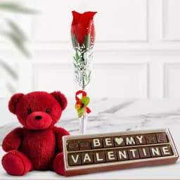 Exotic V-Day Gift of Red Teddy with Red Rose Stick N Handmade Chocolate 1