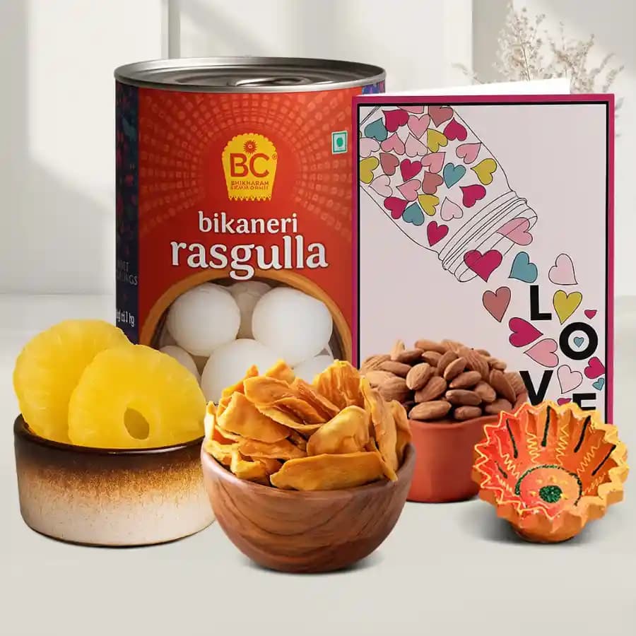 Diya, Rasgulla, Dried Fruits Set