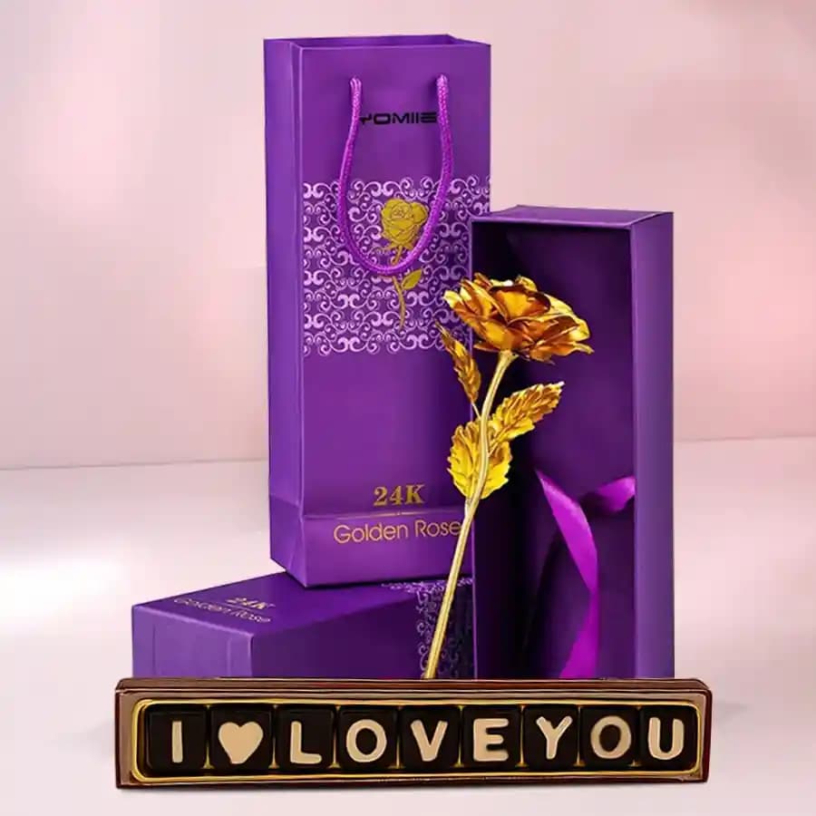Splendid Golden Rose N Love You Chocolates Gift Set