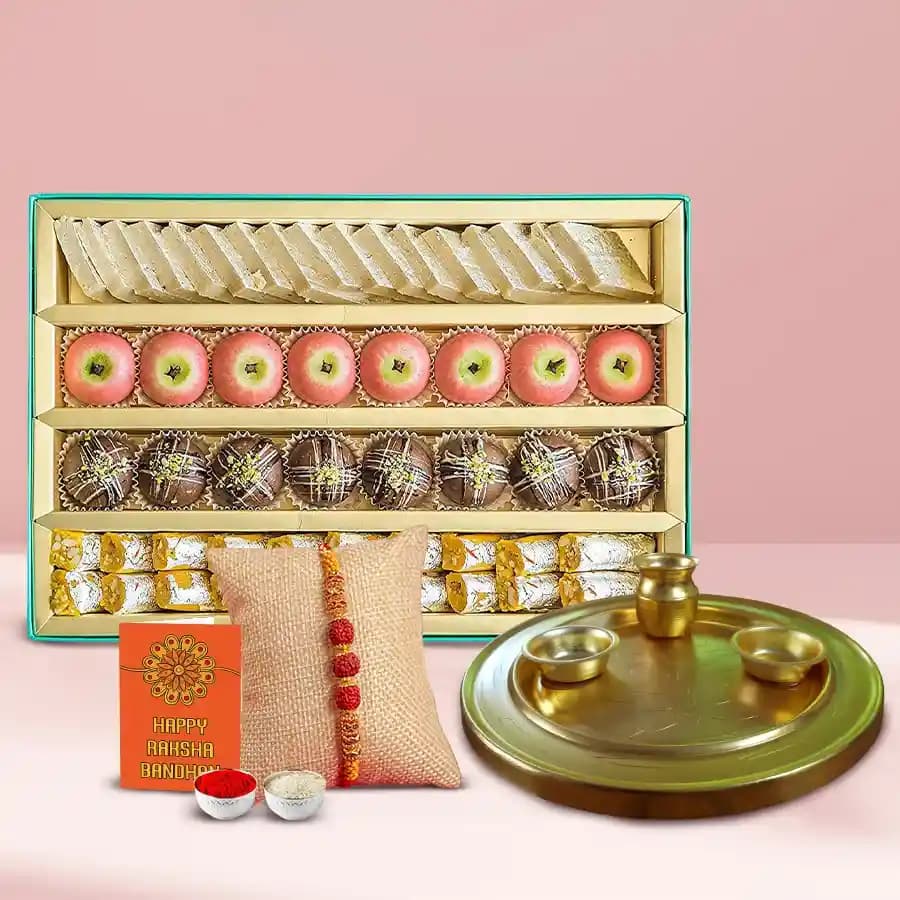 Attractive Rudraksha Rakhi with Sweets N Golden Rakhi Thali Combo