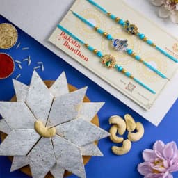 Gorgeous Peacock Rakhi Set N Kaju Katli Combo 1