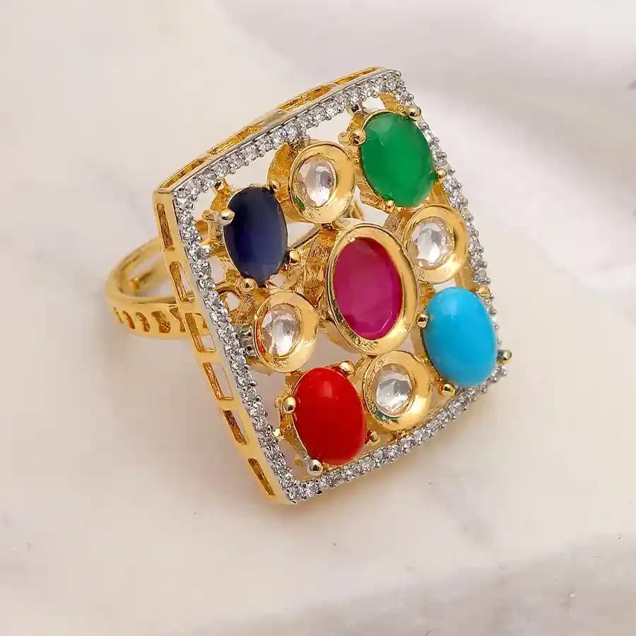 Vibrant Nine Stone Kundan Ring