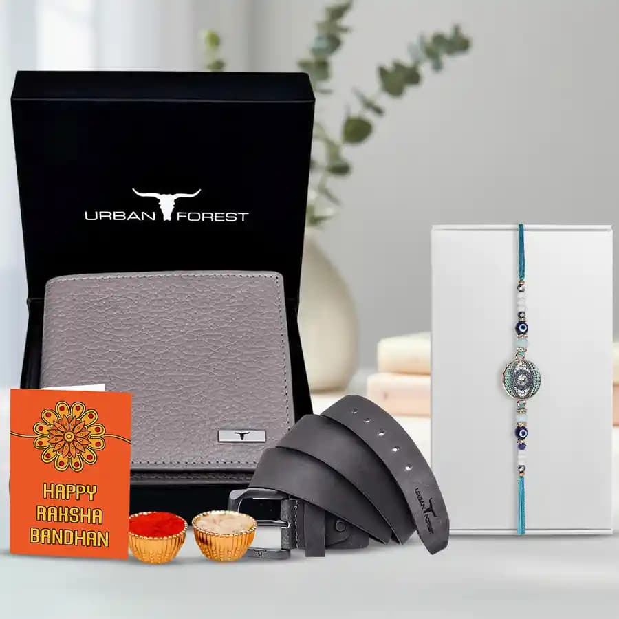 Trendy Evil Eye Rakhi N Leather Accessories Gift Set
