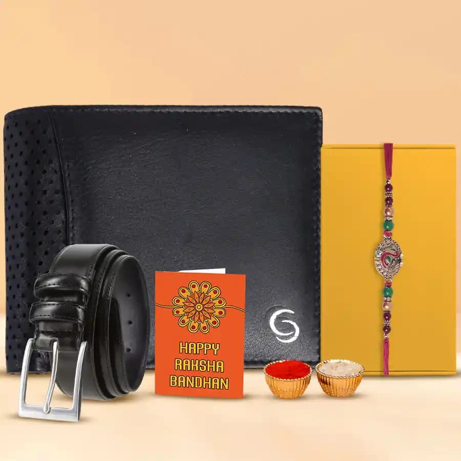 Festive Kundan Rakhi N Sleek Wallet Belt Set