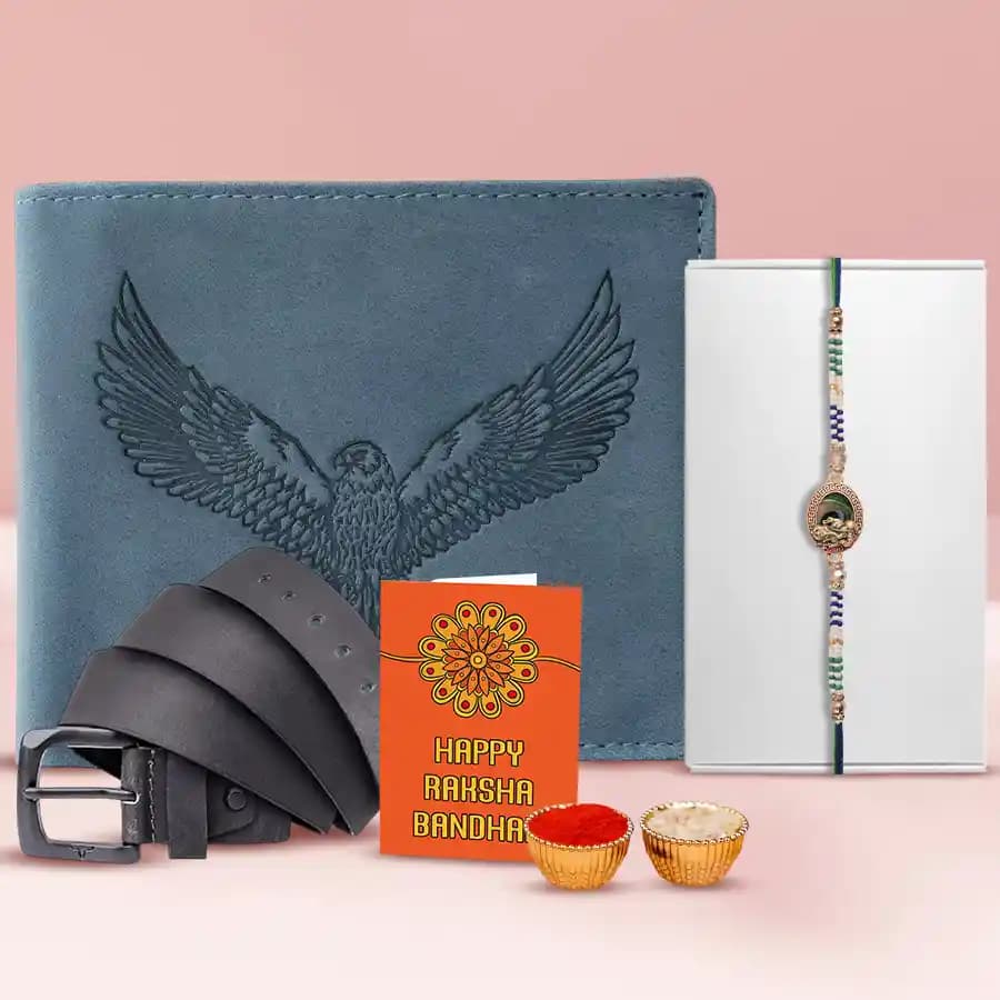 Elegant Rakhi with Leather Essentials Set