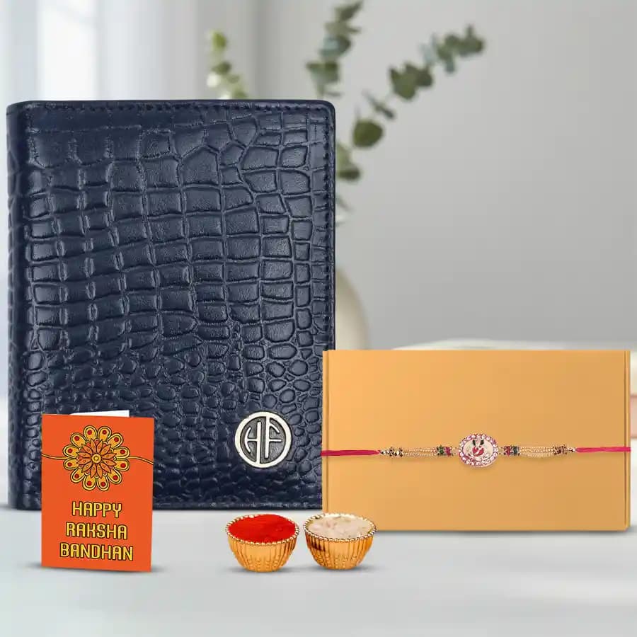 Beautiful Kundan Rakhi with Leather Passport Holder Combo