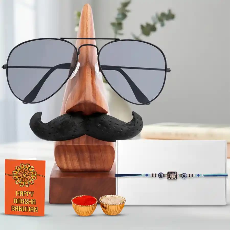 Evil Eye Rakhi N Funky Nose Shaped Sunglass Stand Combo