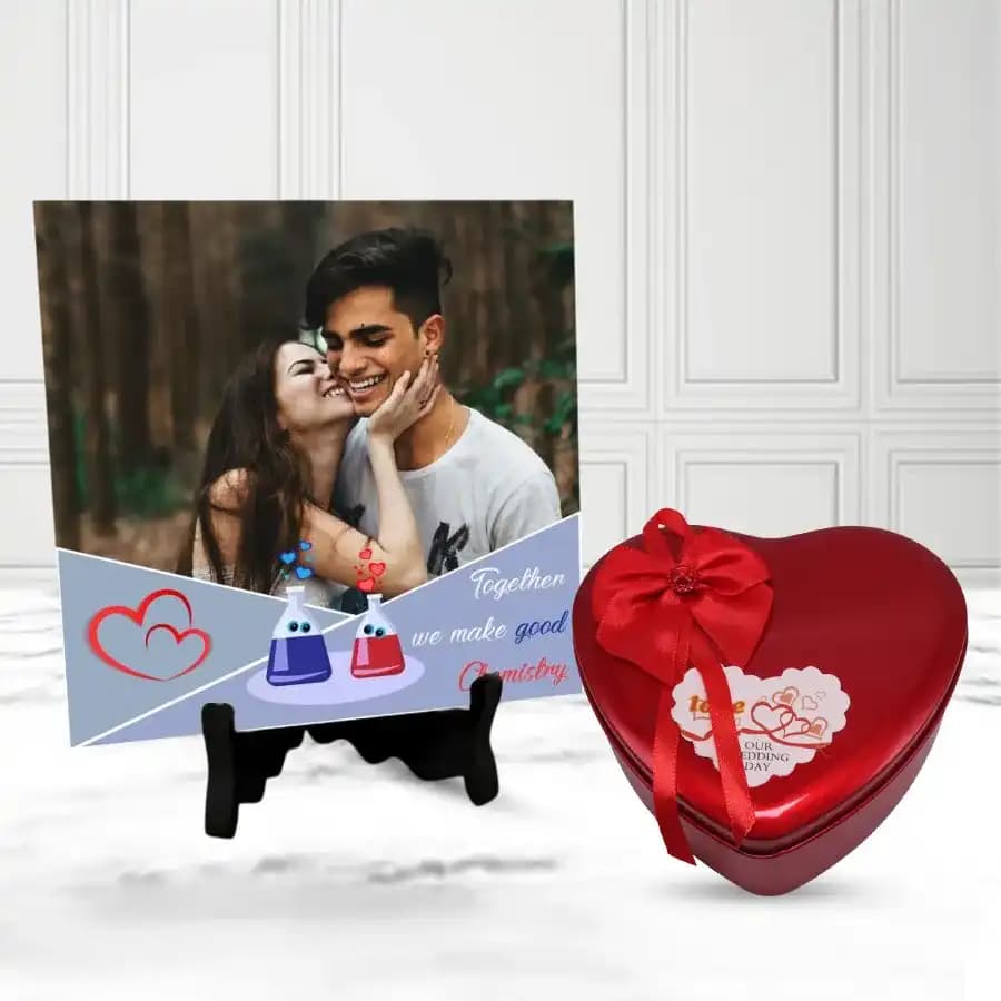 Elegant Personalized Photo Tile with Heart Shape Hand Made Chocolates