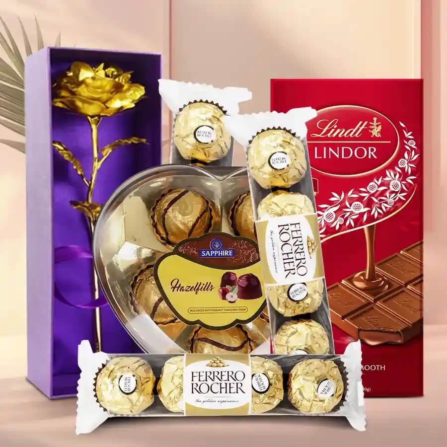 Luxury Chocolate Indulgence Hamper with Golden Rose