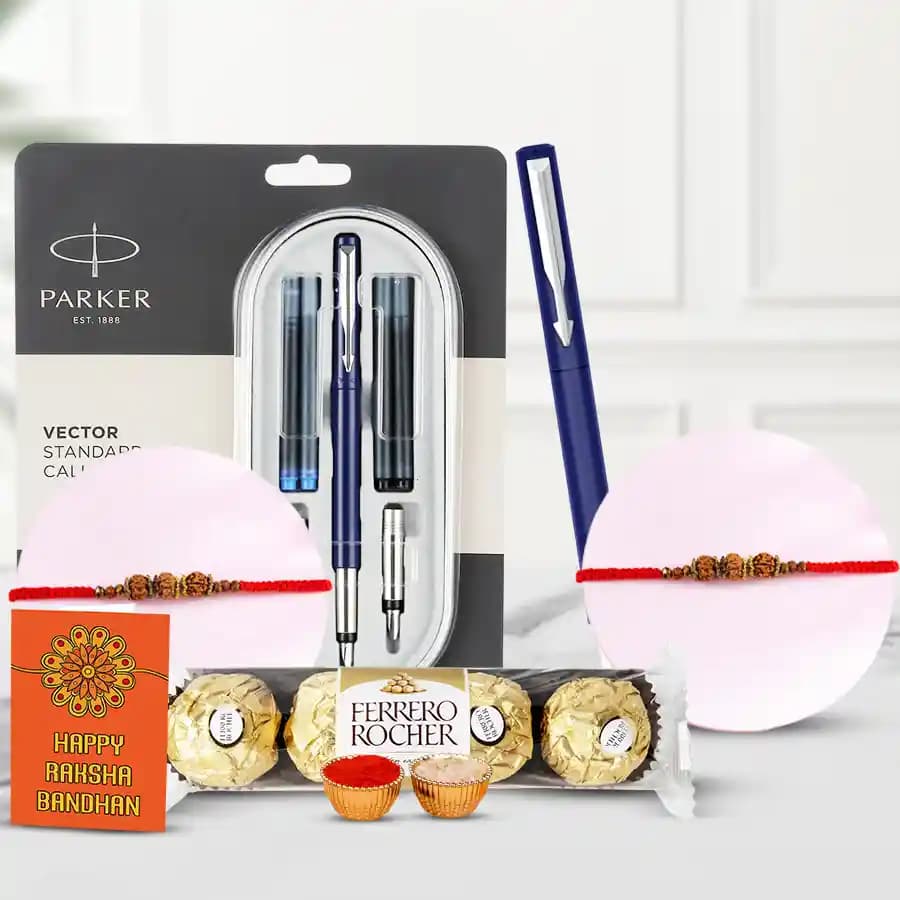 Wonderful Parker Pen with Rudraksha Rakhi N Ferrero Rocher