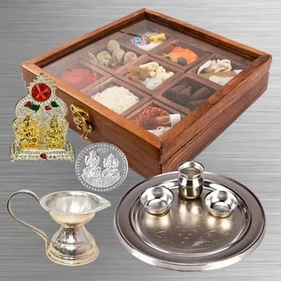 Exclusive Reusable Wooden Box of Puja Accessories for Religious Moms