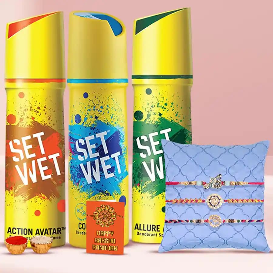 Gorgeous Set of 3 Rakhi with Set Wet Deodorant Trio Pack