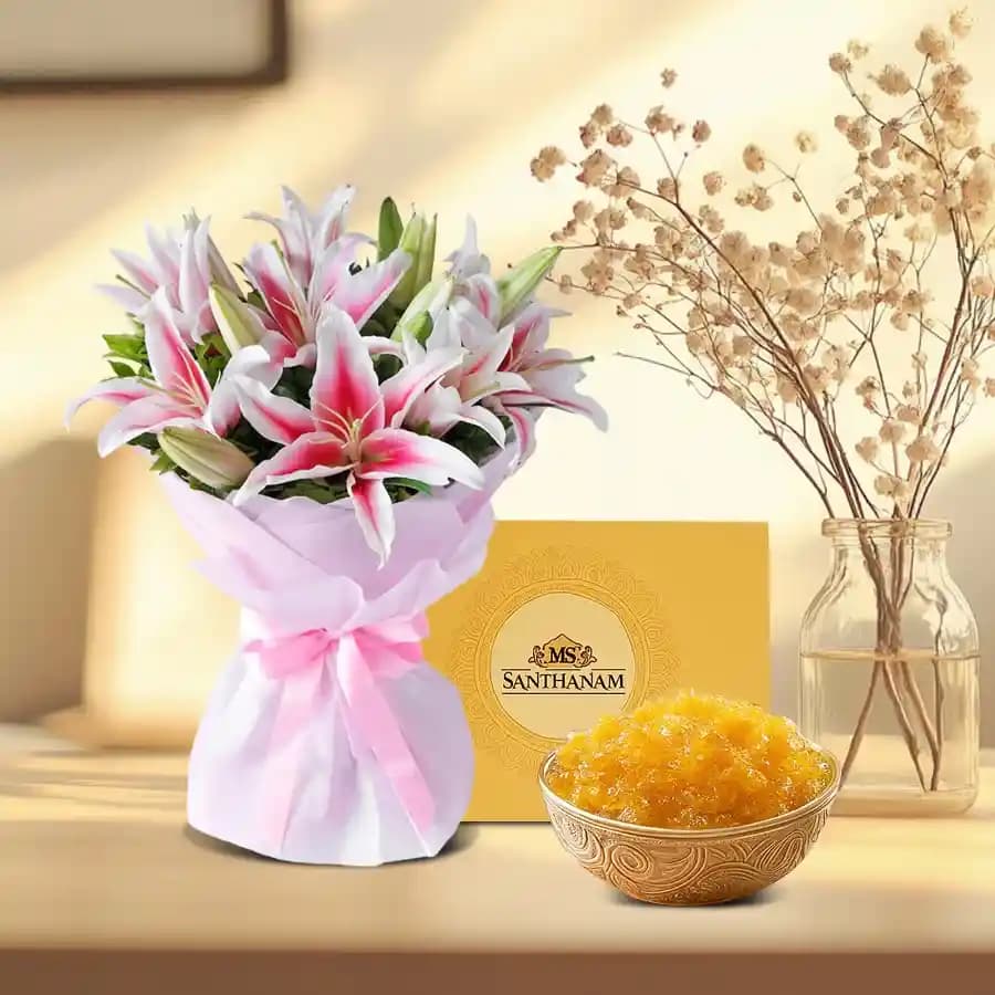 Pink Lily Elegance with Sweet Halwa Treat