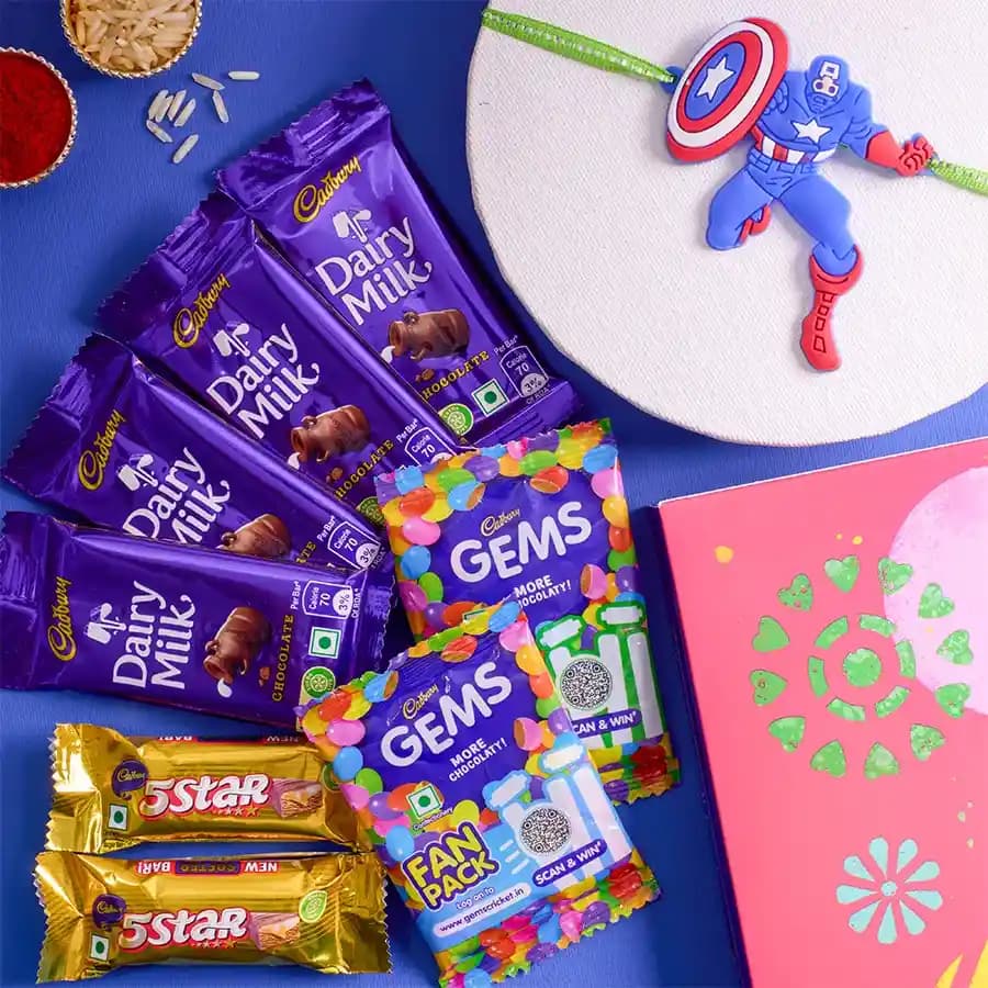 Cheerful Captain America Rakhi N Cadbury Celebrations Combo