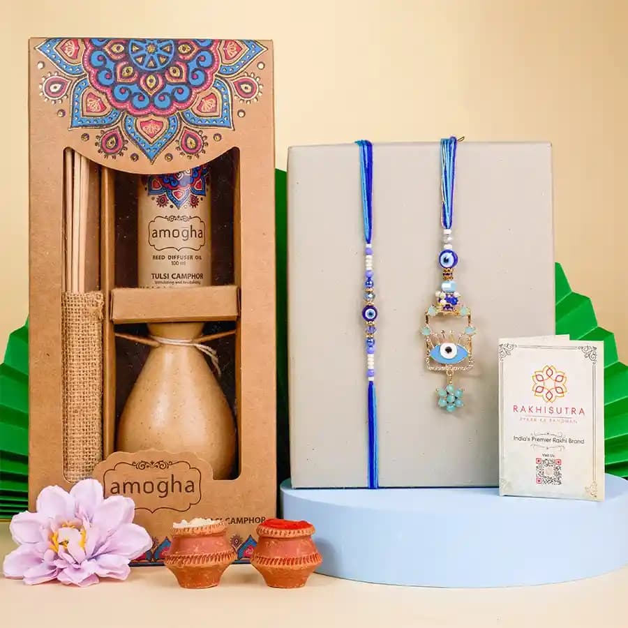 Designer Evil Eye Rakhi N Reed Diffuser Combo