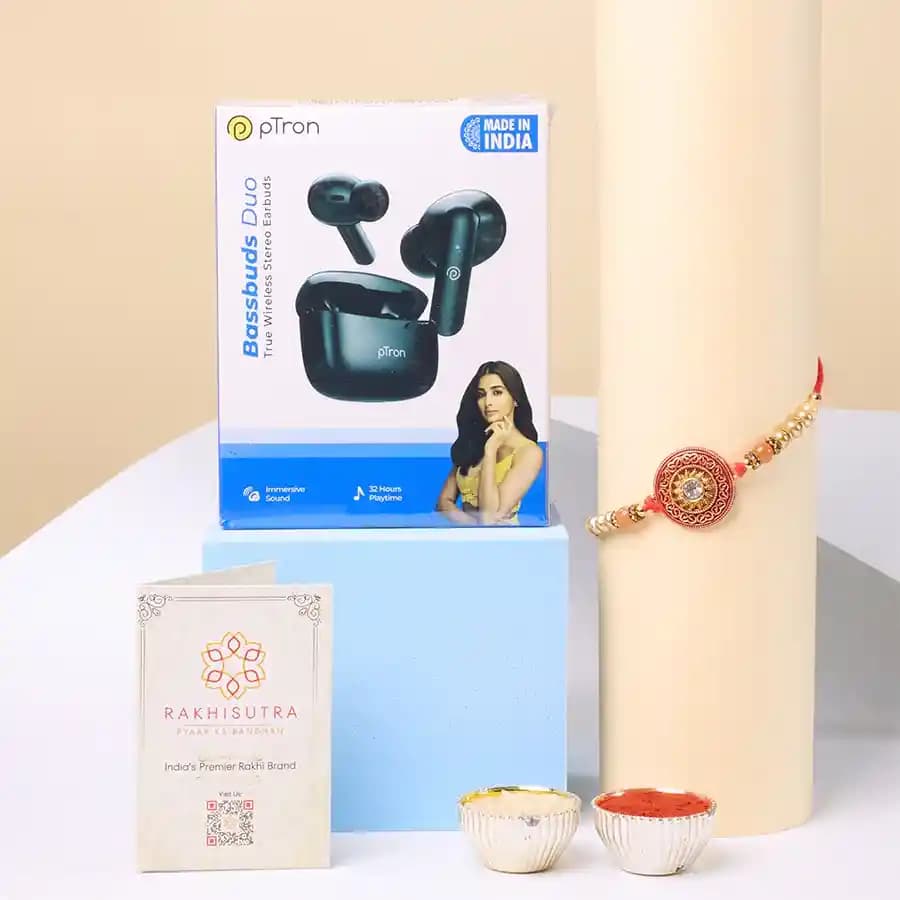 Charming Kundan Rakhi N Ptron Bassbuds Combo