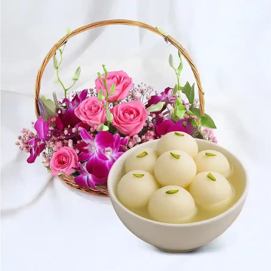 Cheerful Flowers N Rosogolla Treat