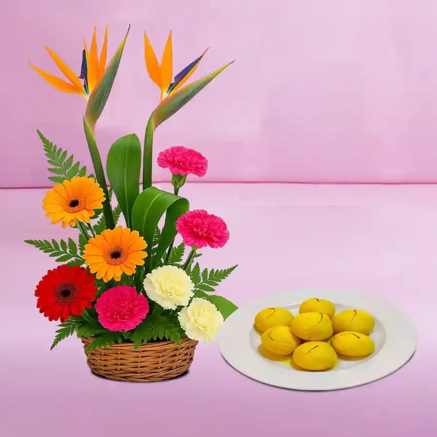 Stunning Floral Arrangement with Traditional Sweet Treats