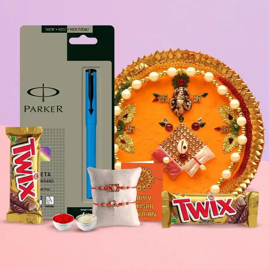 Elegant 7-8 Inch Pooja Plate with Luxury Pen and Twix Treats