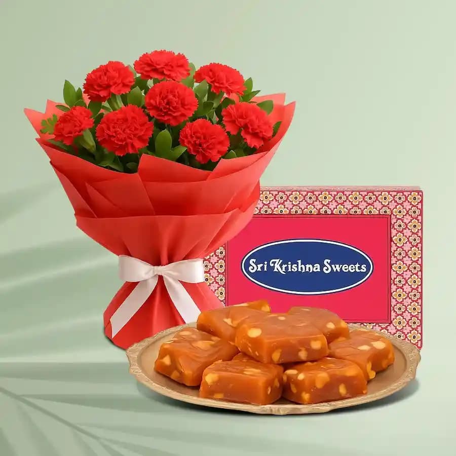 Elegant Red Carnations & Classic Indian Sweets