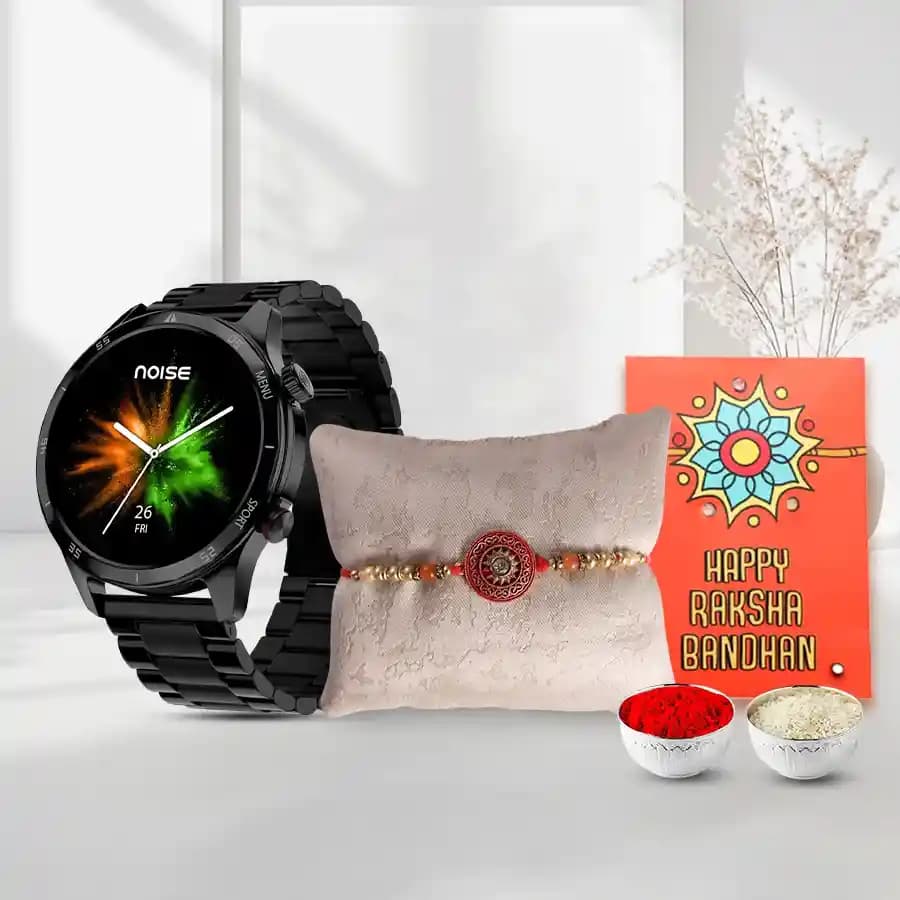 Elegant Rakhi & Noise Mettalix Smartwatch Combo