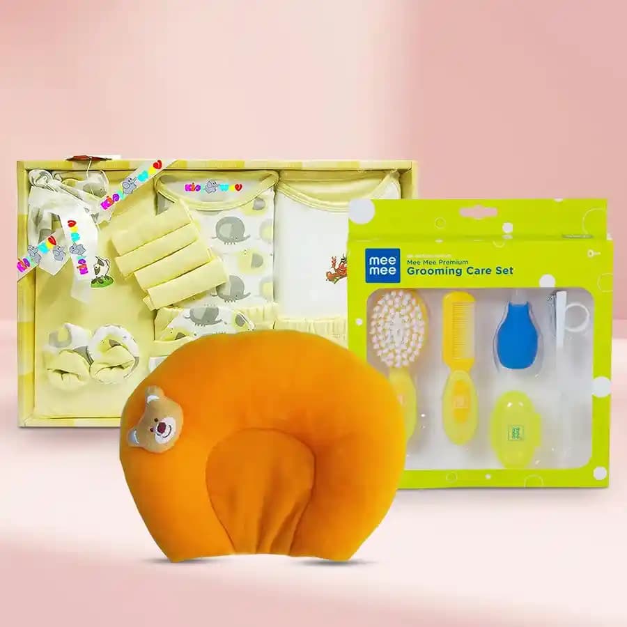 Cute Baby Dress N Grooming Set with Neck Supporting Pillow Combo Gift