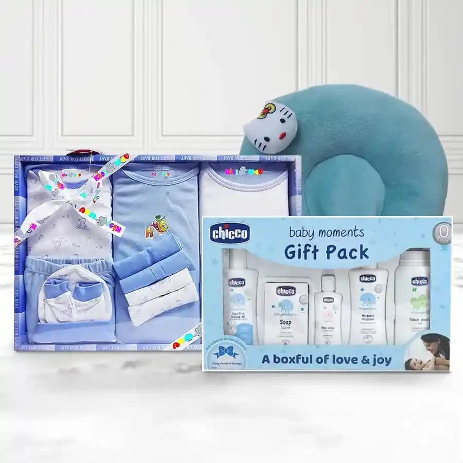 Remarkable Combo of Blue Dress with Chicco Gift Set N Neck Supporting Pillow