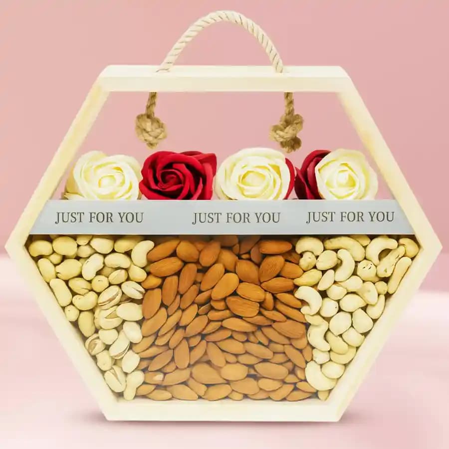 Awesome Hexagonal Basket of Dry Fruits with Red Roses