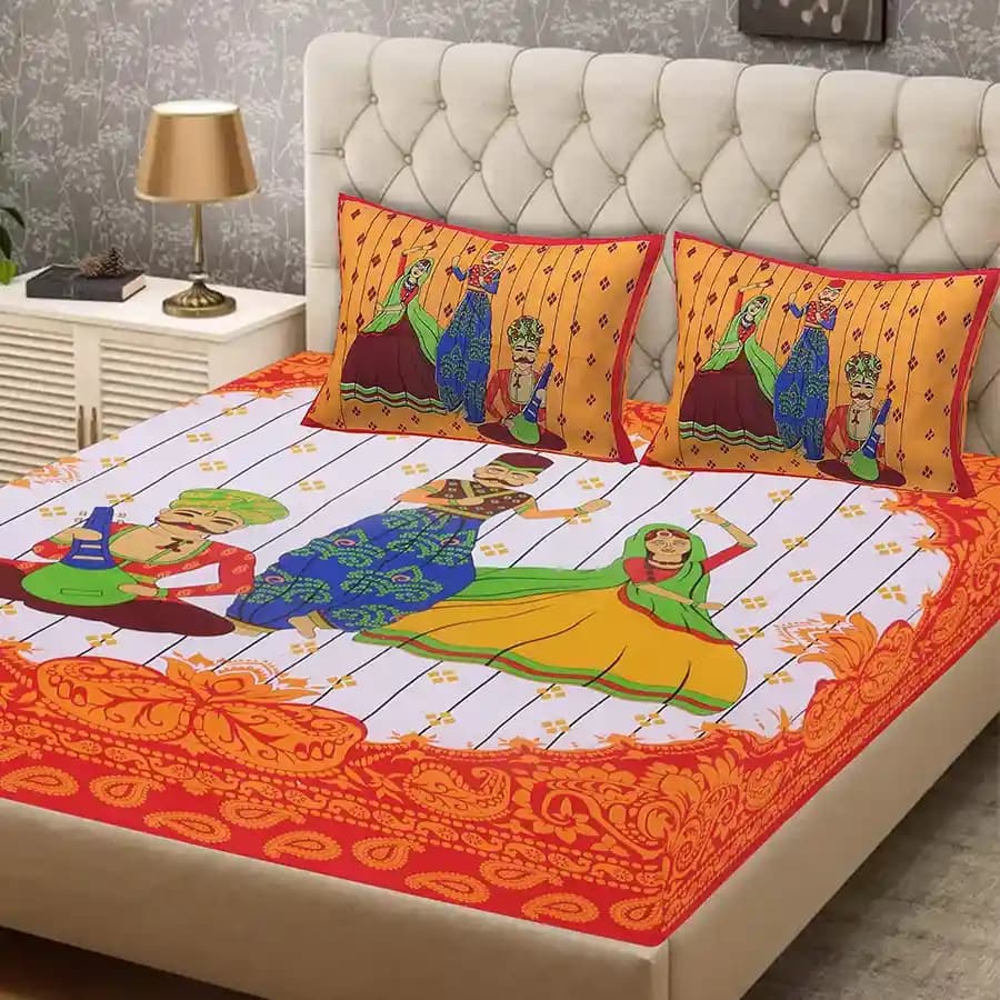 Attractive Rajasthani Print Double Bed Sheet with Pillow Cover
