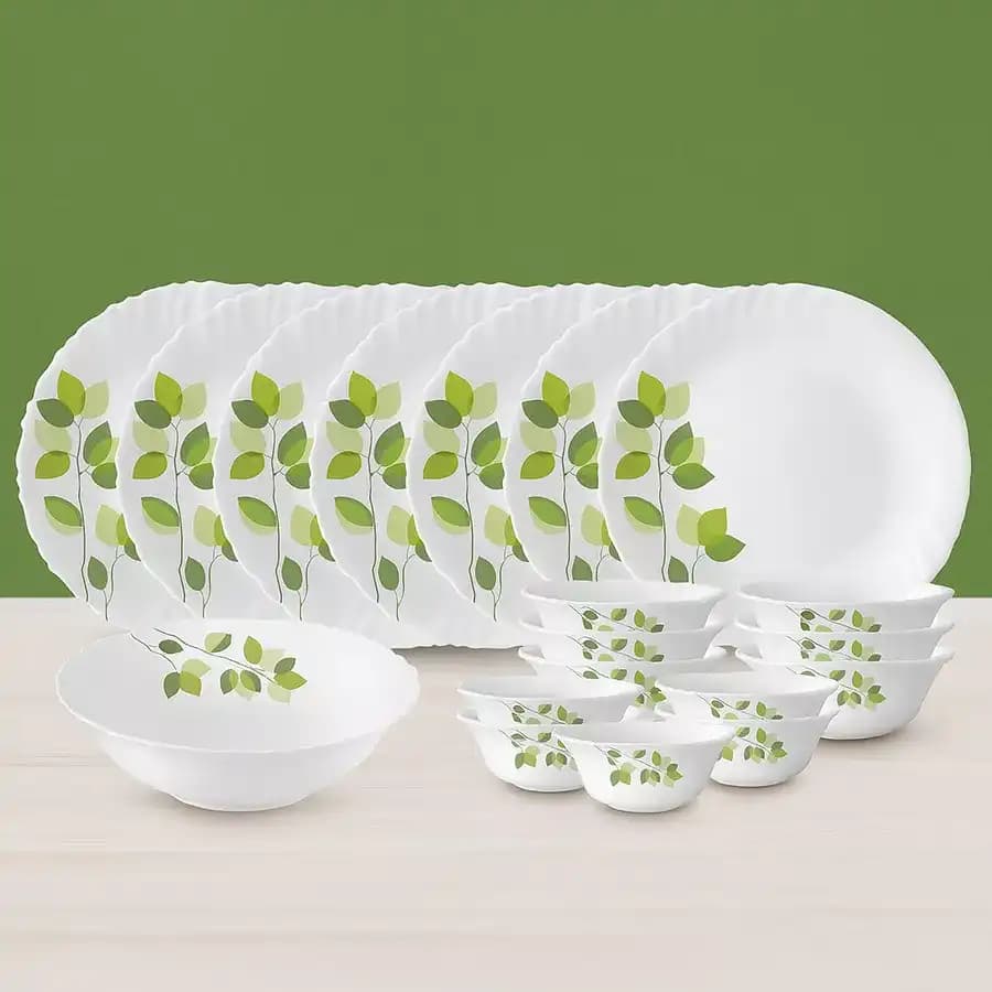 Designer Larah by Borosil Green Leaves Silk Series Dinner Set