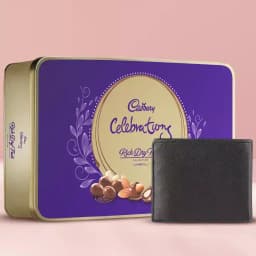 Stylish Black Leather Wallet with a Cadbury Rich Dry Fruits Chocolate 1