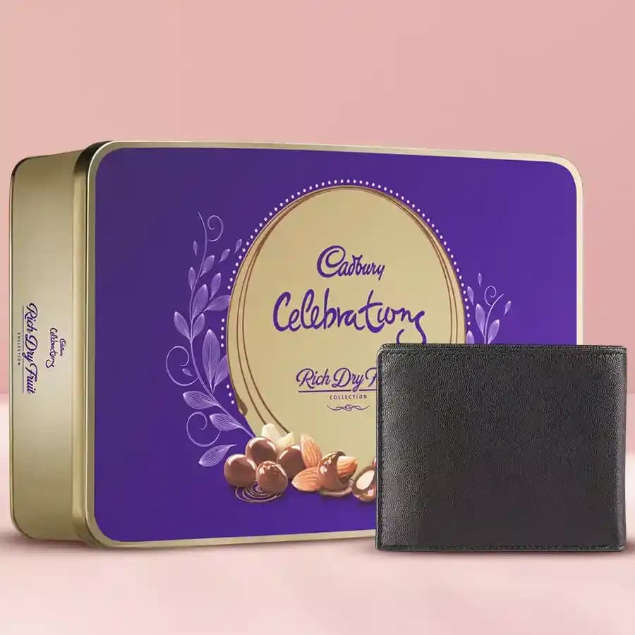 Stylish Black Leather Wallet with a Cadbury Rich Dry Fruits Chocolate