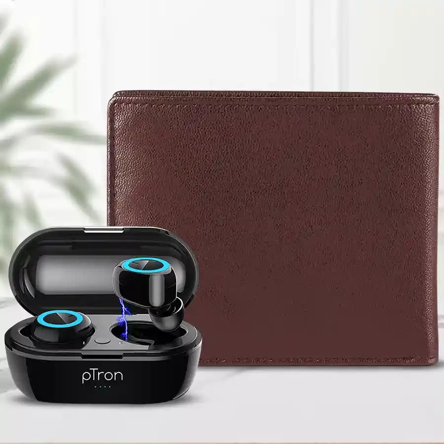 Stylish Mens Leather Wallet with PTron Bluetooth Earbuds