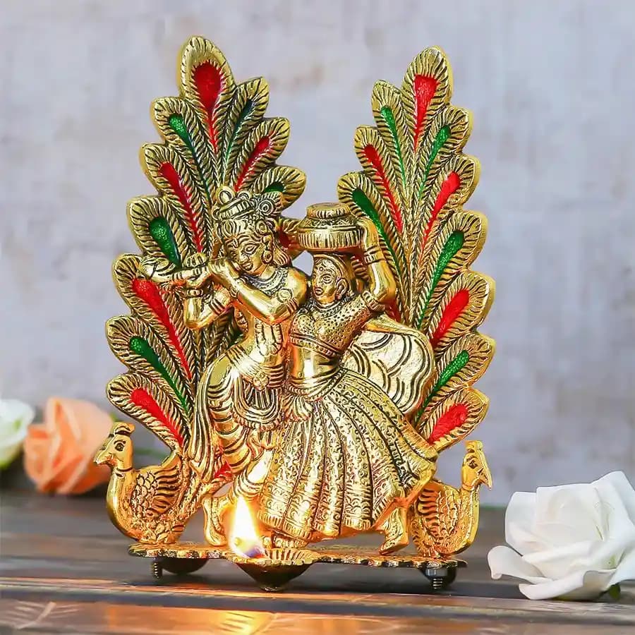 Decorative Peacock Design Radha Krishna Statue with Diya