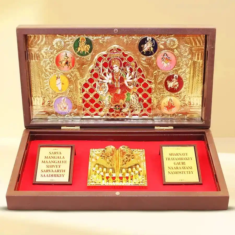 Auspicious Gold Plated NavDurga Photo N Charan Paduka Set