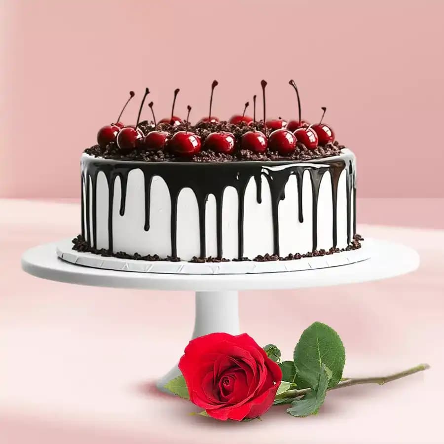 Sumptuous Black Forest Cake N Red Rose