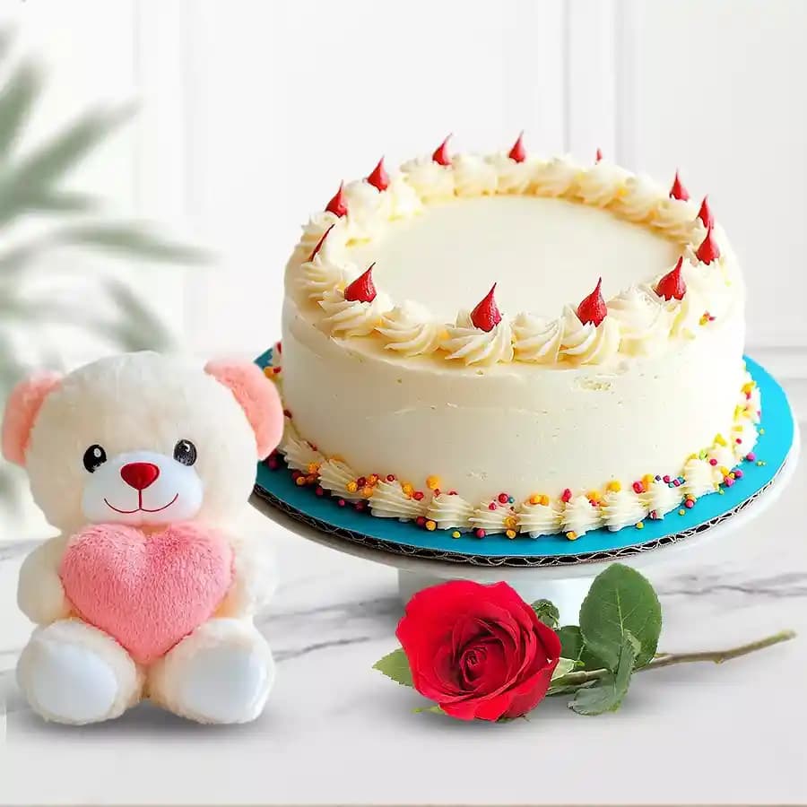 Tasty Eggless Vanilla Cake with Rose N Teddy