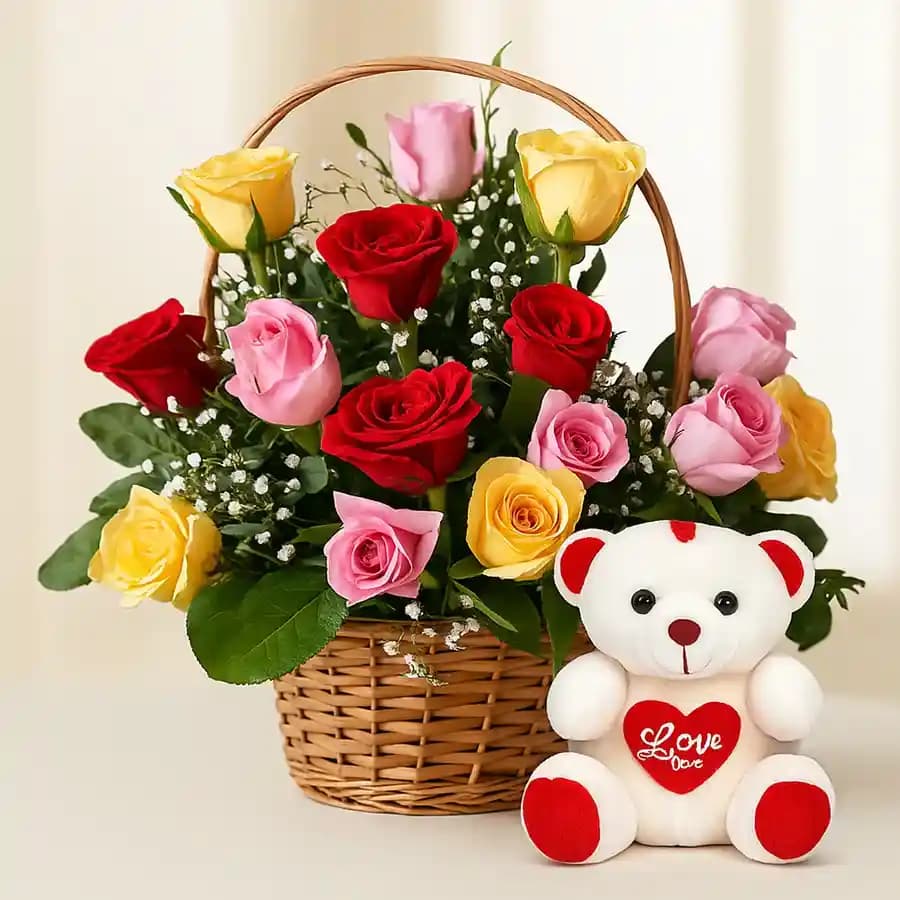 Mixed Roses with Teddy Bear