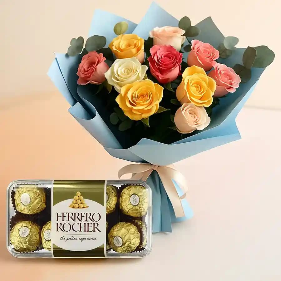 Blooming Birth Day Mixed Roses with Enjoyable Ferrero Rocher
