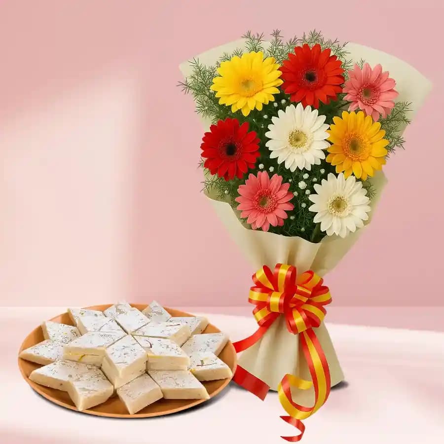 Radiant Mixed Gerberas Arrangement with Kaju Katli