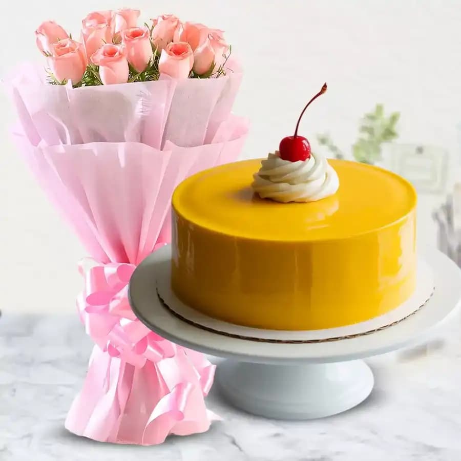 Pink Rose Bouquet with Mango Cake