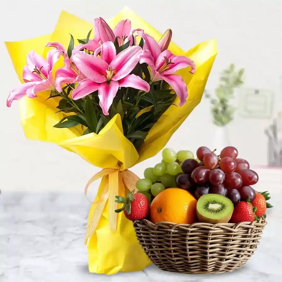 Fresh Fruits Baskets with Lilies Bouquet