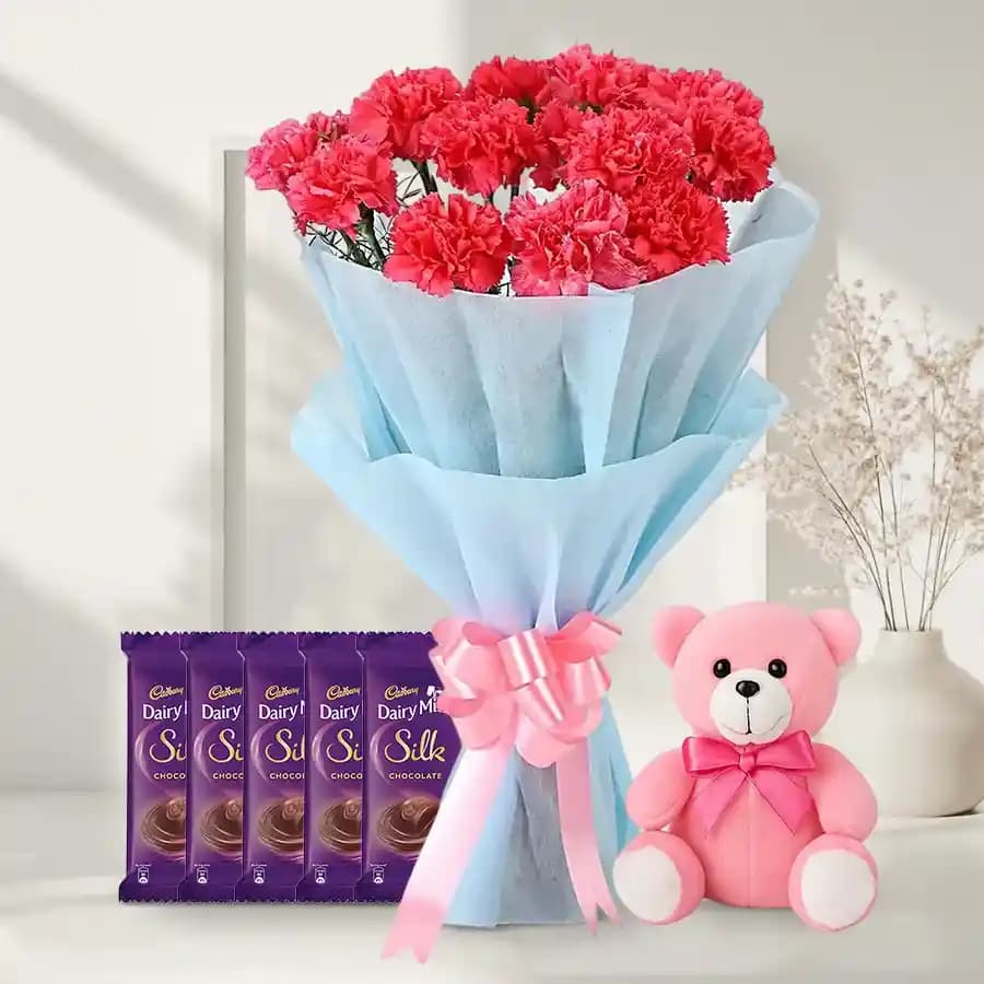 Wonderful Carnations Bouquet with Chocolates N Teddy